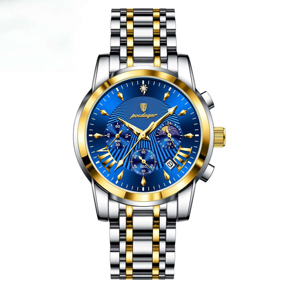 DHwatches Men's Multifunction Quartz Watch - 50M Waterproof Chronograph with Moon Phase & Date, Stainless Steel (Model 813)