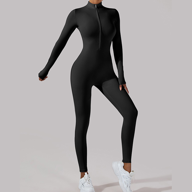 European & American Style Naked-Feel Half-Zip Long One-Piece Yoga Bodysuit for Women, Slim-Fitting, Butt-Lifting, Tight-Fitting Full-Length Sports & F