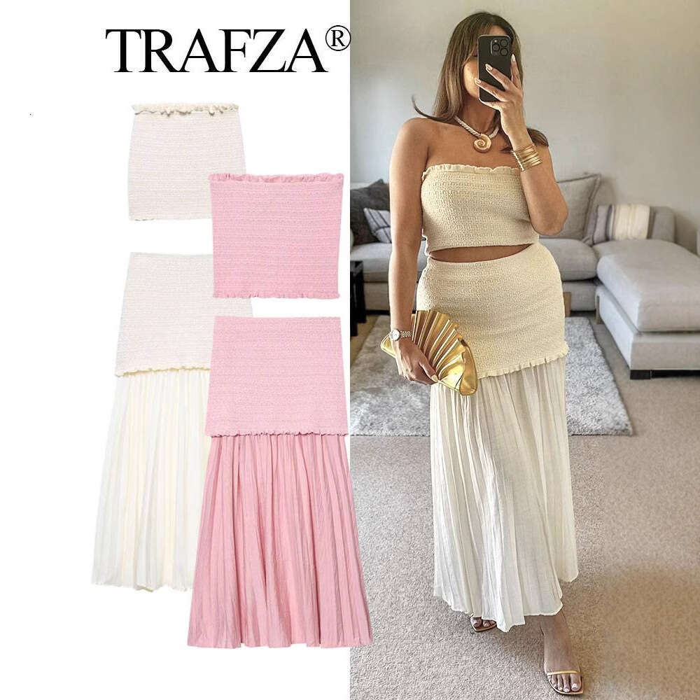 TRAFZA Style Women's Knitted Off-Shoulder Tube Top And Skirt Set B5