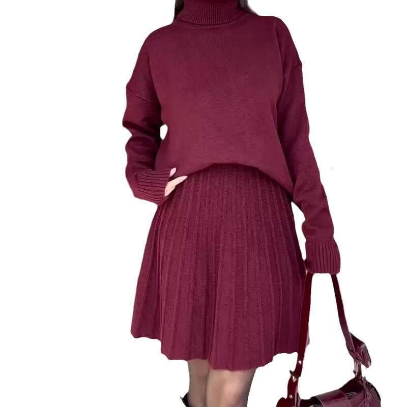 Autumn Winter New Women's Sweater High Neck Long Sleeve Fashion Casual Pleated Short Skirt Set B5