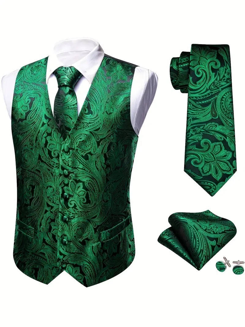 Golden black silk mens vest tie pocket square cufflinks set jacquard waistcoat sleeveless jacket mens wedding business Barry. King 240814