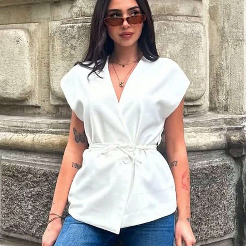 TRAFZA Spring Summer New Style Women's Fashionable Casual Sleeveless Double-Breasted Vest And Pleated Pants Set B5