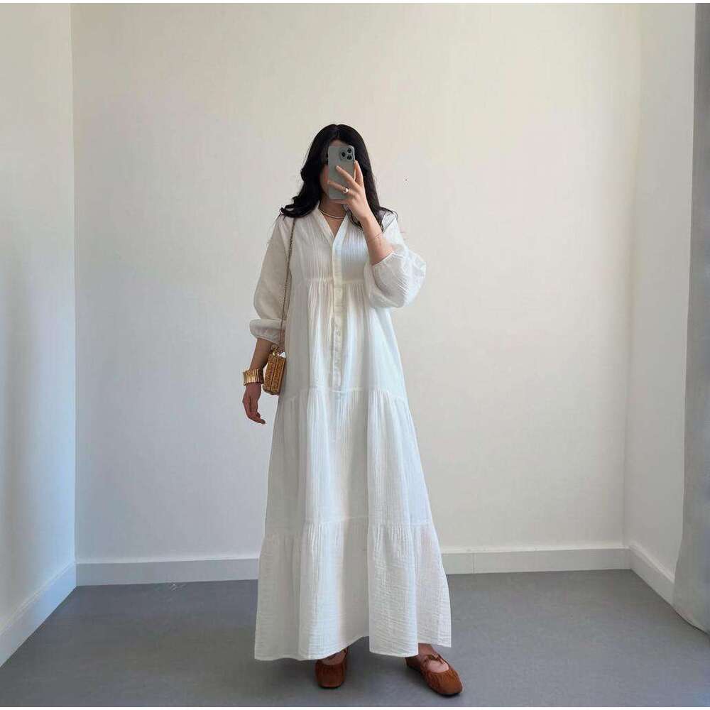 Summer New V-Neck Button Lantern Sleeve Solid Color Women's Sexy Slim Dress B5