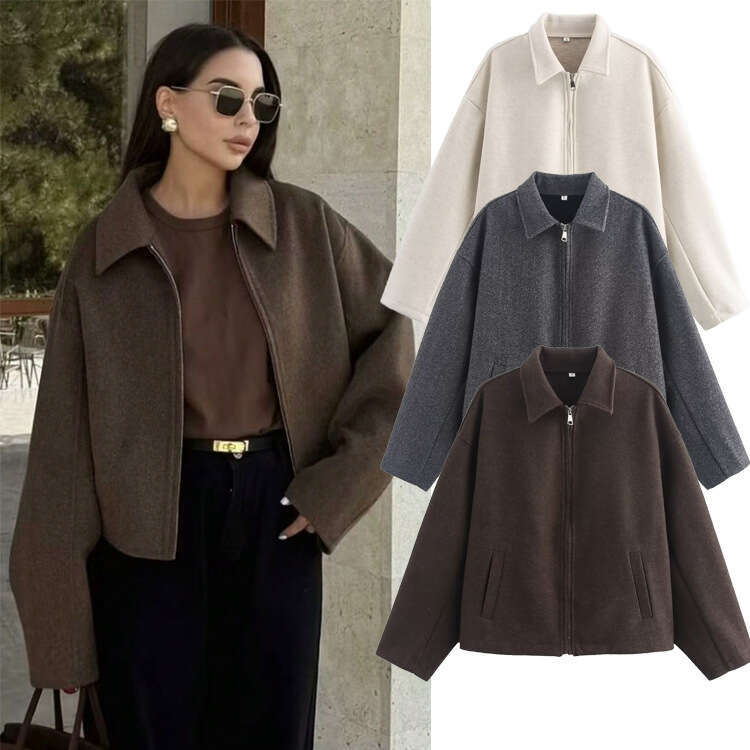 Autumn INS Fashion Three-Color Solid Wide Zipper Wool Coat For Women B5