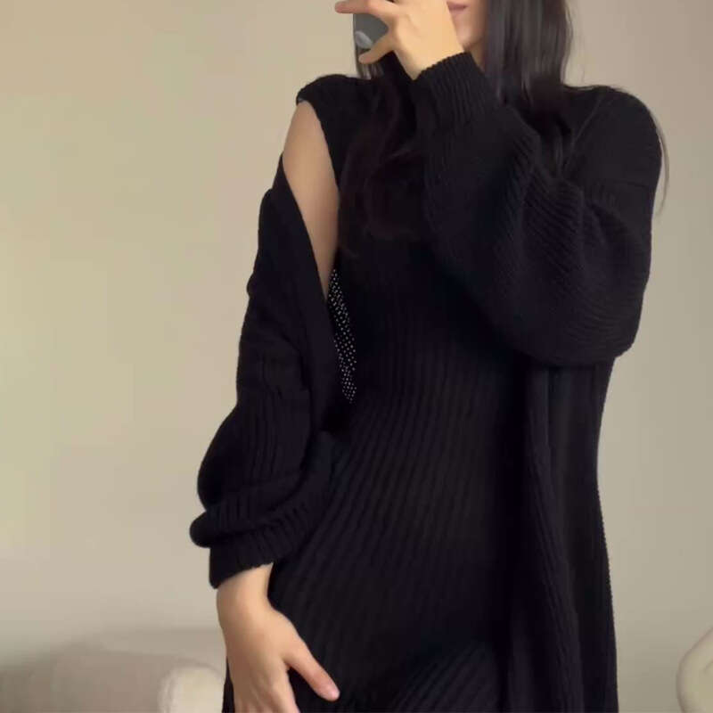 Russian Autumn Winter New Casual Round Neck Lazy Style Cardigan Knitted Suit Dress B5
