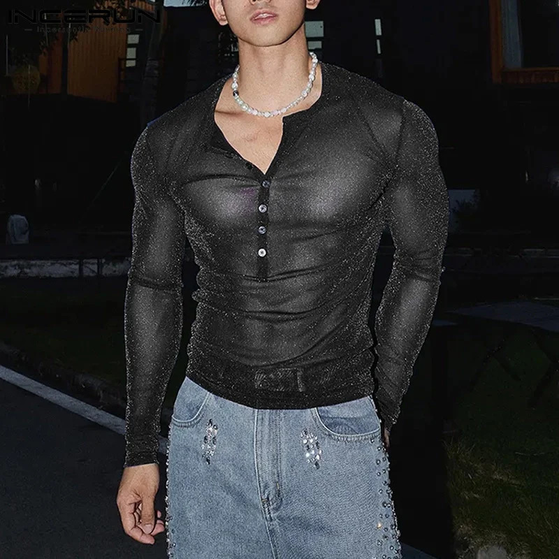 Fashion Well Fitting Tops INCERUN Men Sparkling Fabric T-shirts Male Personality Clubwear Selling Thin Long Sleeved Camiseta 250714