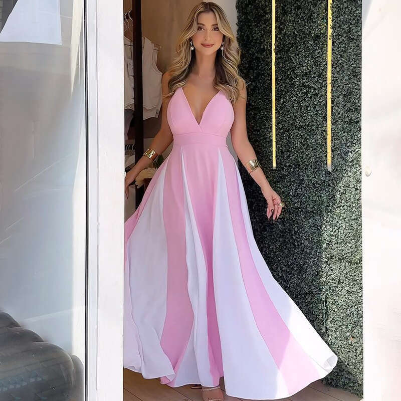 Summer New Women's Solid Color Strap Tie Sexy Elegant Fashion Dress B5