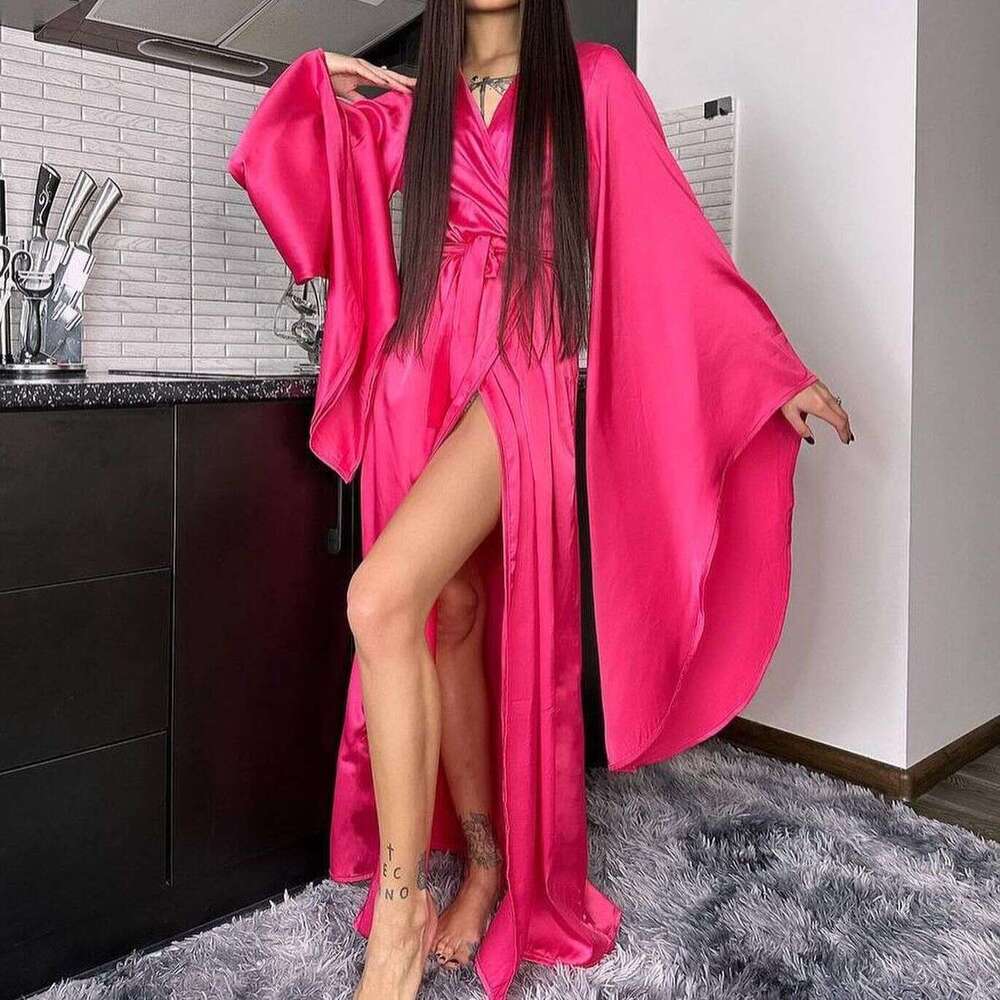 Summer Women's Long Sleeve Solid Color Slit Waist Fashionable Dress B5