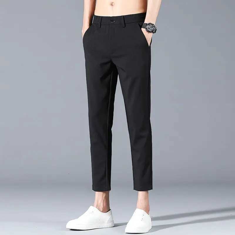 Blue Straight Slim Fit Thin Mens 9 Cropped Suits Pants Casual Korean Reviews Many Summer 2025 New Work Wear Male Suit Trousers W250715