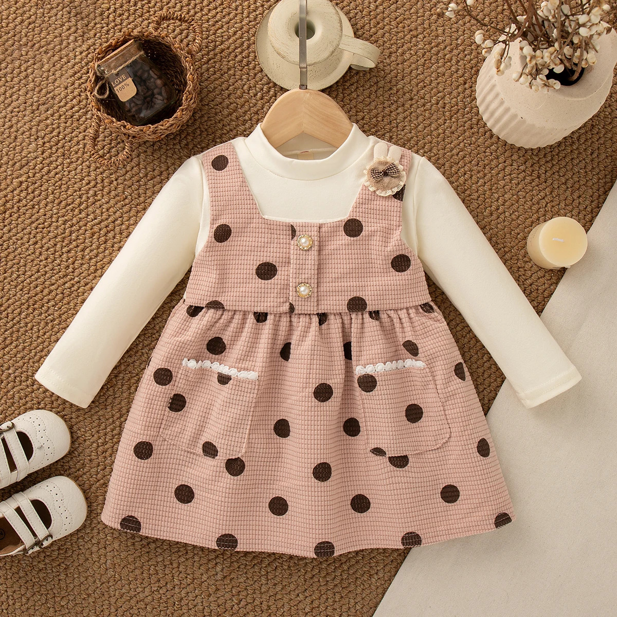 Spring And Autumn Black Polka Dot Baby Girl Dress Beige Long Sleeved ChildrenS Clothing For Babies Aged 0-3 Years Old 250715