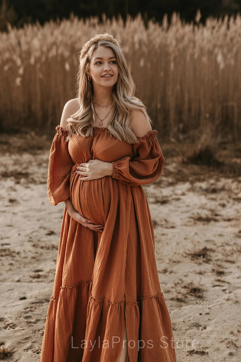Off Shoulder Womens Boho Dresses Maternity Gown Fotoshoot One Size Maxi Pregnancy Muslin Vintage Baby Shower Poshoot Session 250715