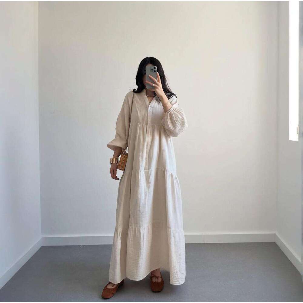 Summer New V-Neck Button Lantern Sleeve Solid Color Women's Sexy Slim Dress B5