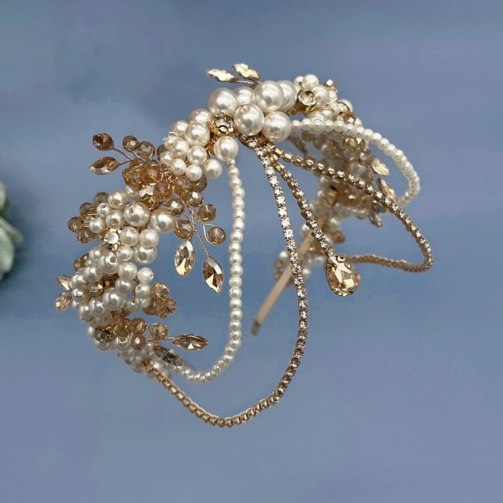 DZ266 Champagne Crystal Bridal Headband Green Blue Wedding Hair Accessories Jewelry for Women Bride Tiara Pearl Party Headpiece 250711