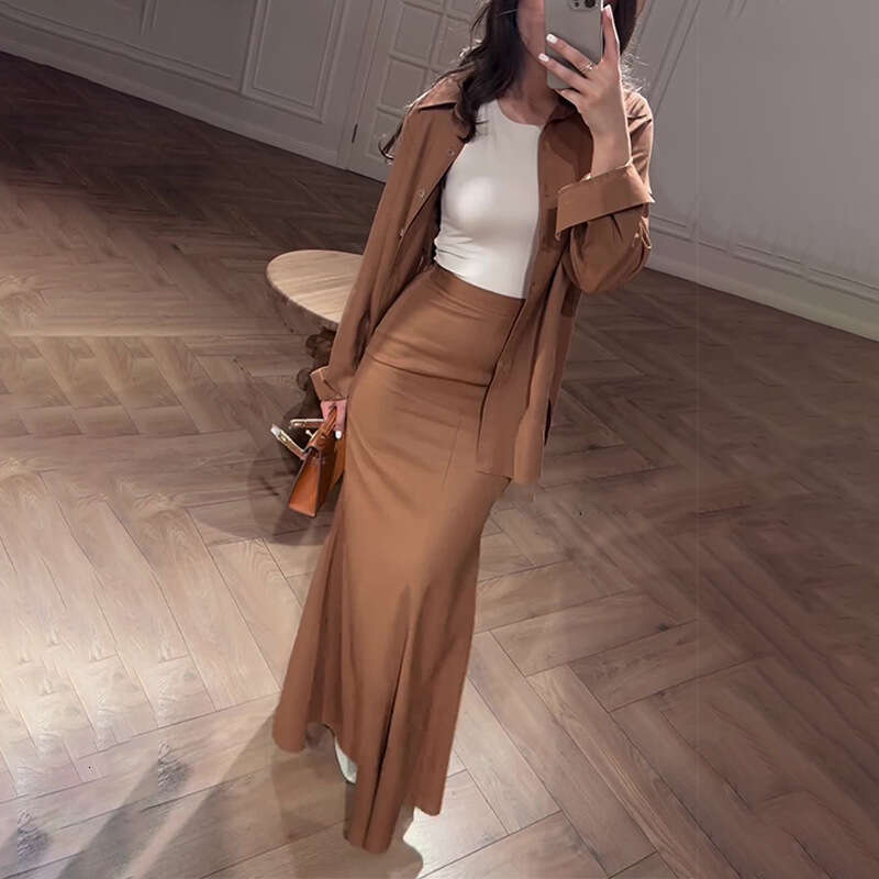 Comfortable Casual Loose Sleeve Shirt Elastic Waist Long Skirt Two-Piece For Women Solid Color Summer New Thin Set B5