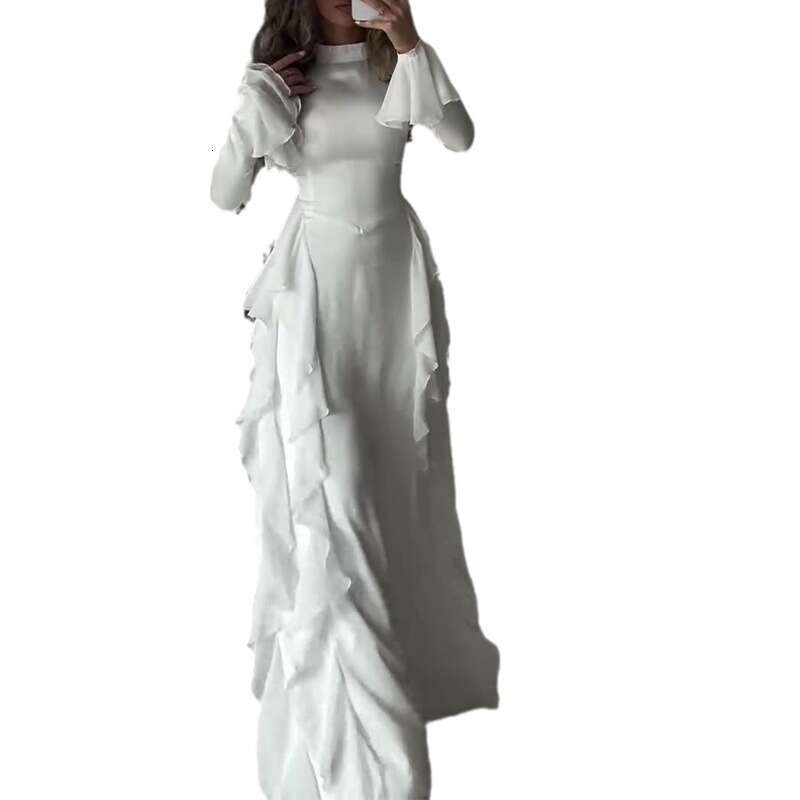 New Women's Fashion Lace Flared Sleeve Round Neck French Style Elegant Dress B5