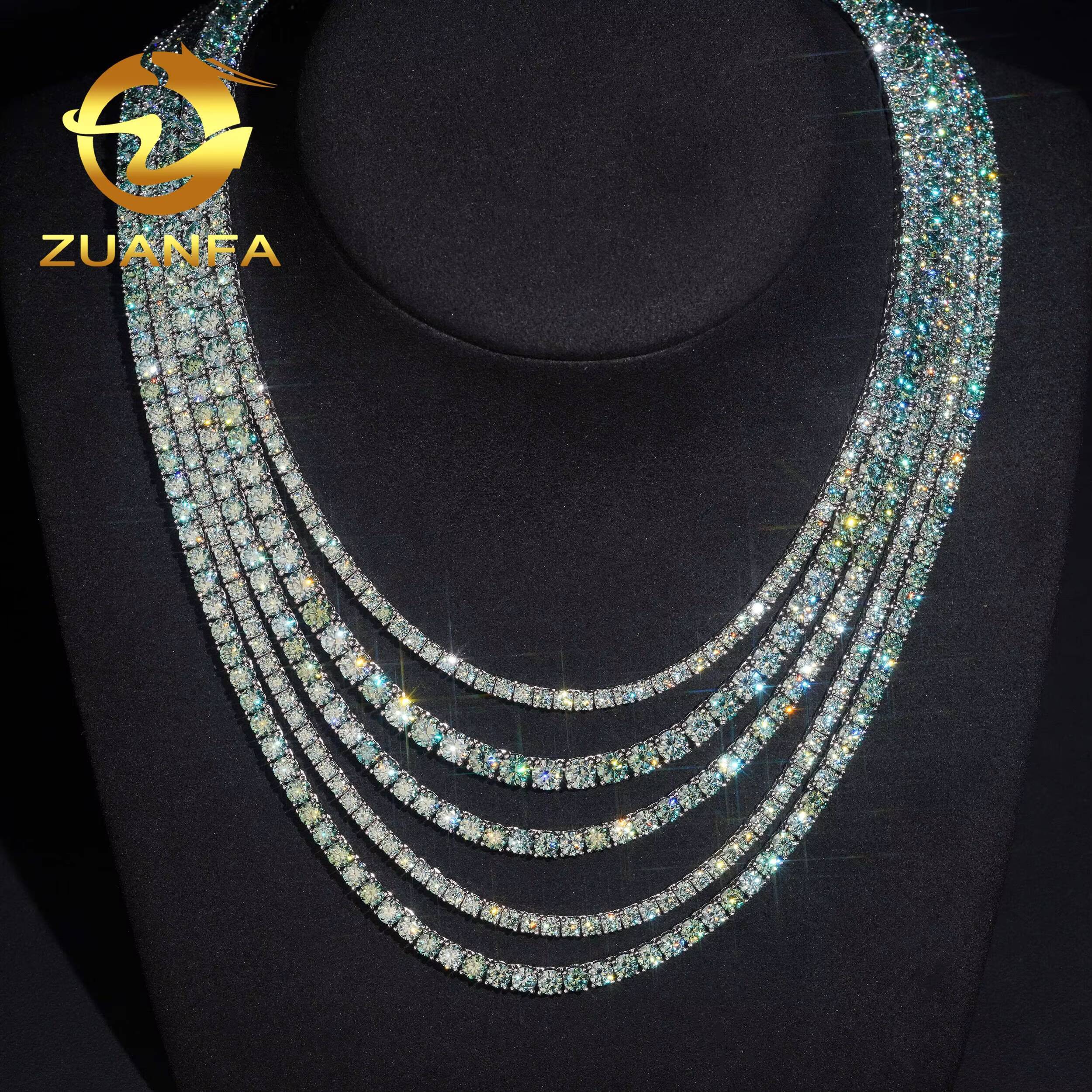 Pass Diamond Tester Hip Hop 925 Silver Color Blue Green Moissanite Diamond Tennis Chain Necklace