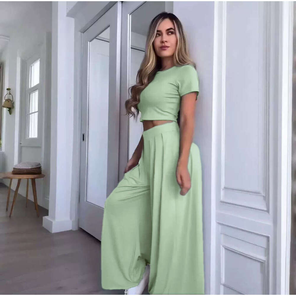 Summer Women's Round Neck Solid Color Sexy Wide Leg Pants Fashion Casual Set For Women B5