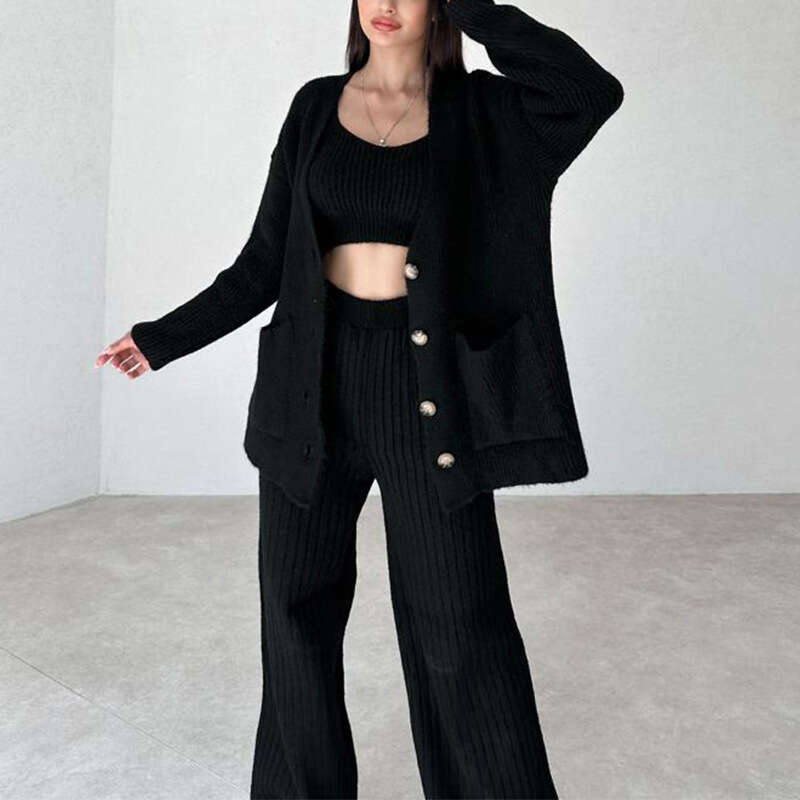 Spring Women's Clothing Sweater Button Cardigan Jacket Vest Long Pants Three-Piece Set B5