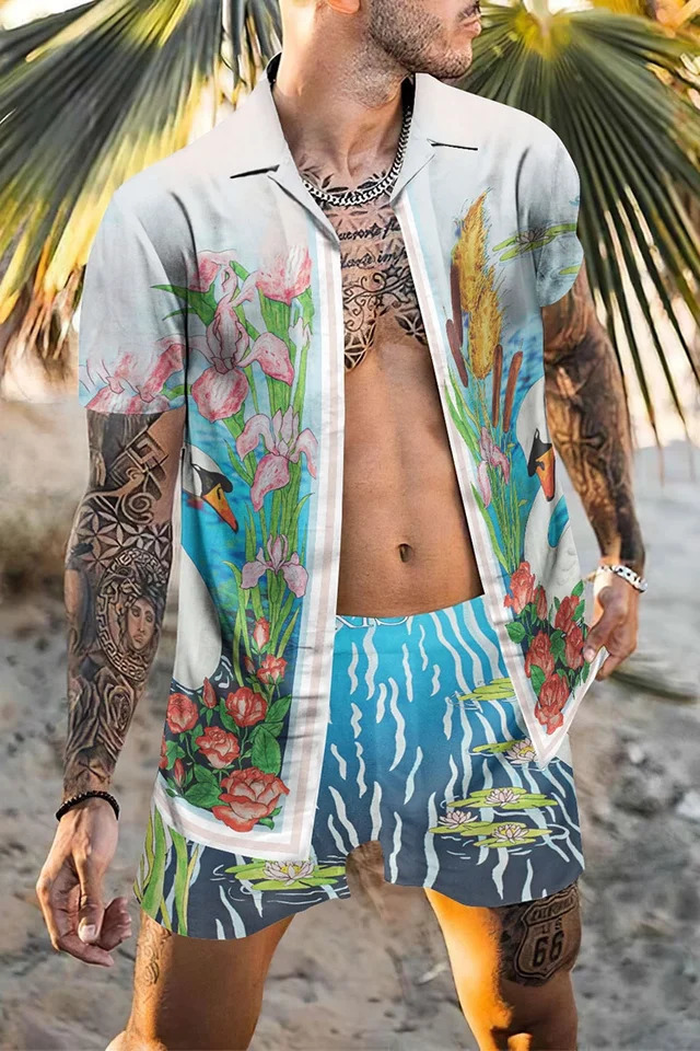 Fashion Hawaiian Suit Print Men Shirt 2Pcs Set 3D Holiday Short Sleeve Casual Beach Two Piece Man Sets y250714