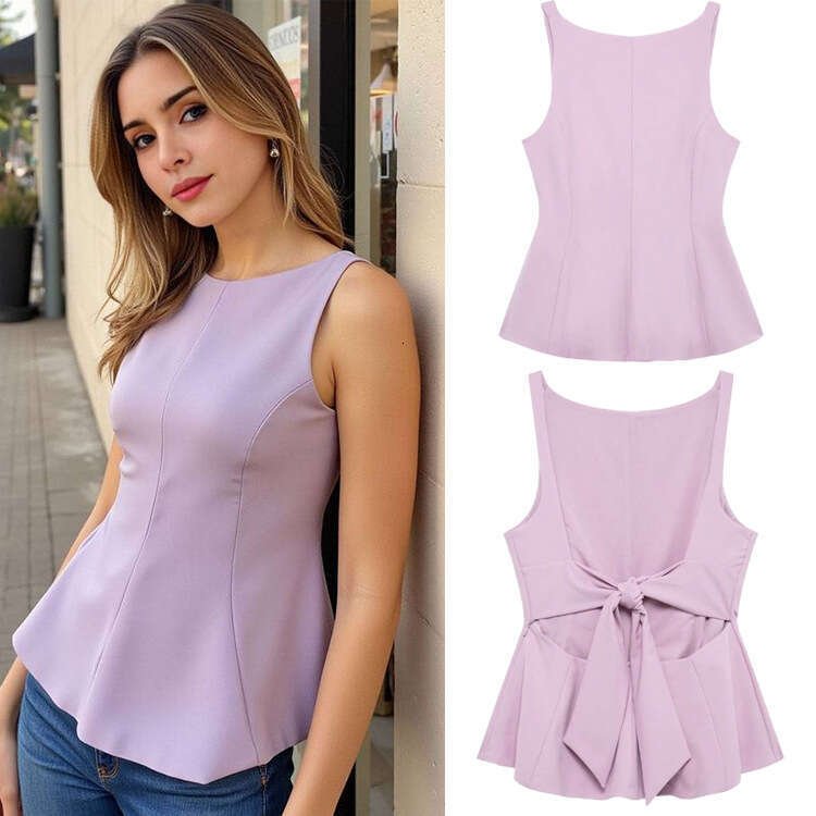 TRAFZA Spring New Round Neck Loose Base Shirt With Bowknot For Women B5