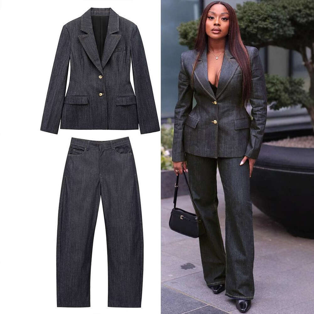 TRAFZA Women's New Denim Blazer Short Skirt Hem Bustier Long Pants Set B5