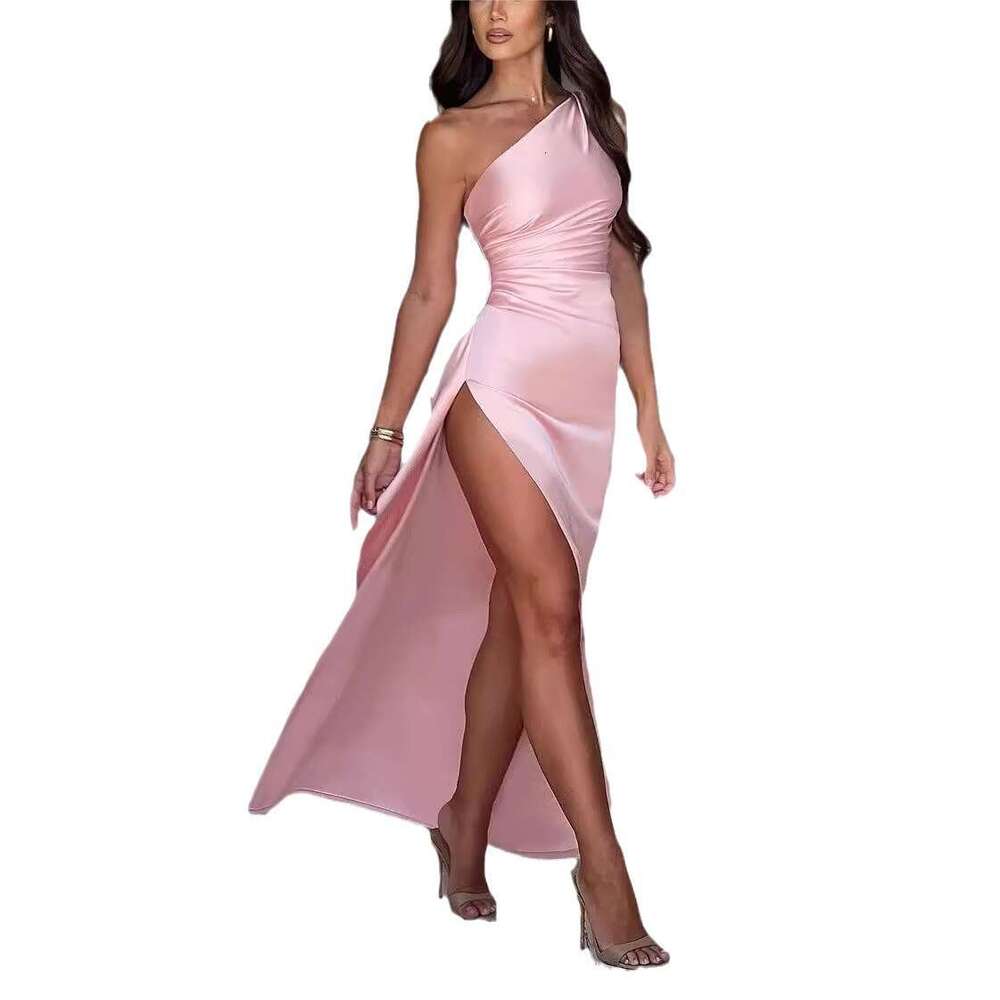 Summer Design Sense Elegant Sexy Fashion Asymmetrical Shoulder Slit Satin Dress B5