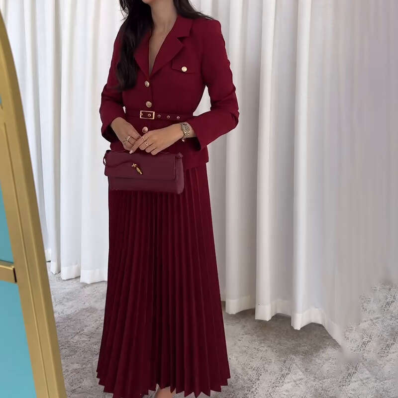 Women's Clothing Autumn New Button Blazer Pleated Skirt Elegant Set For Women B5