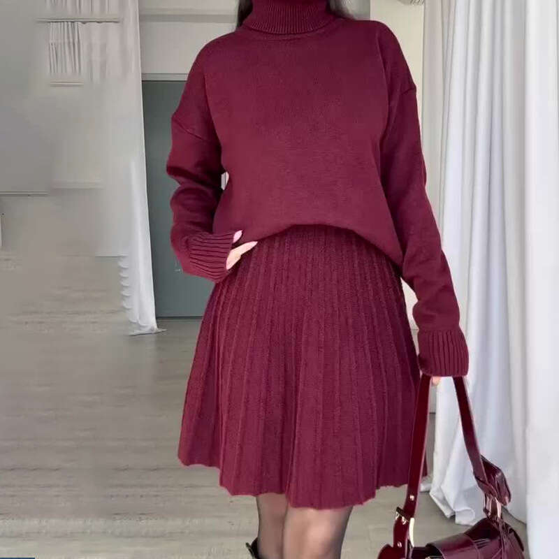 Autumn Winter New Women's Sweater High Neck Long Sleeve Fashion Casual Pleated Short Skirt Set B5