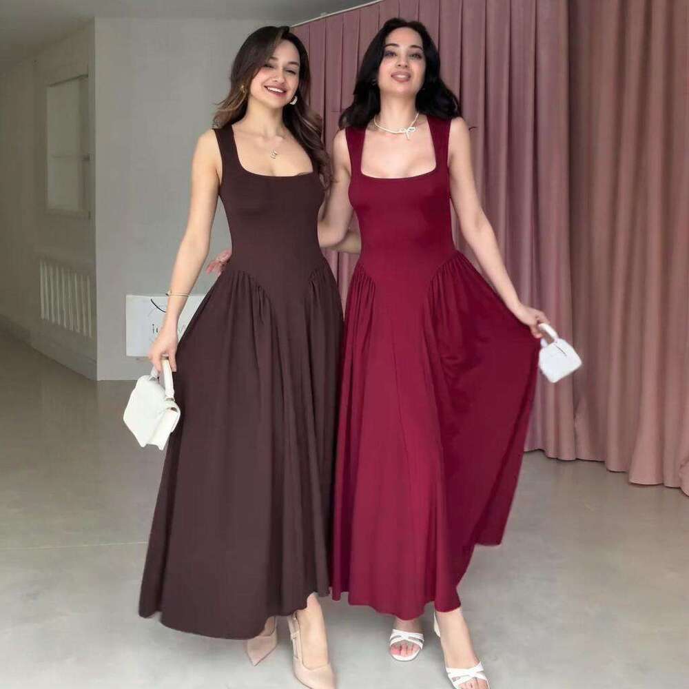 Summer New Women's Fashion Square Neck Sexy Sleeveless Ruched Elegant Slim Dress B5