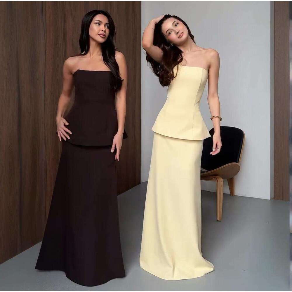Spring New Women's Strapless Solid Color Skirt Elegant Fashion Set B5