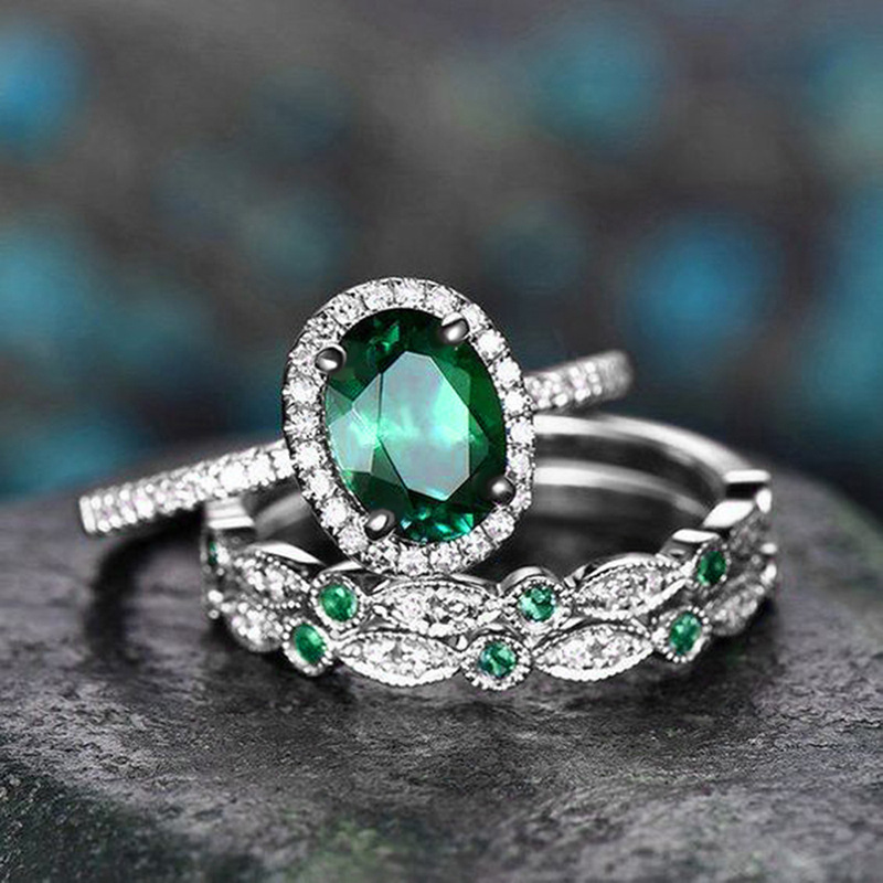2025 Choucong 3pcs Ins Top Sell Elegant Vintage Jewelry 10KT White Rose Gold Fill Oval Cut Emerald CZ Diamond Party Promise Gorgeous Women Bridal Ring