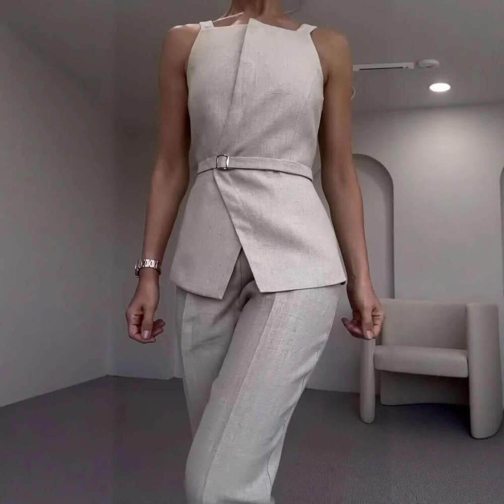 Summer New Women's Belt Solid Color Wide-Leg Pants Elegant Commuter Fashion Set B5