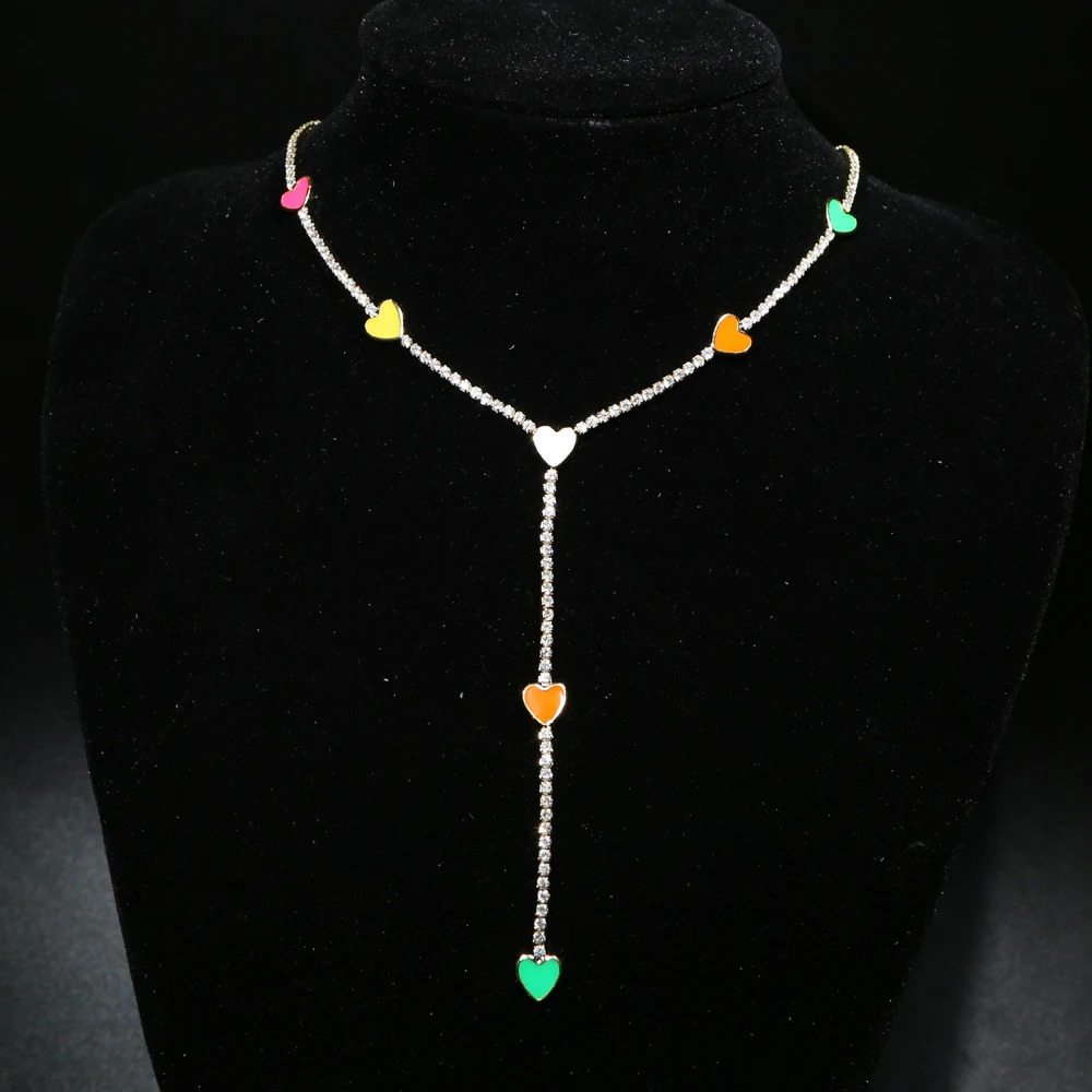 Summer Arrived Candy Enamel Heart Charm Choker Chain Long Y Lariat Necklaces For Sexy Women Girl Party Wedding Jewelry 250711