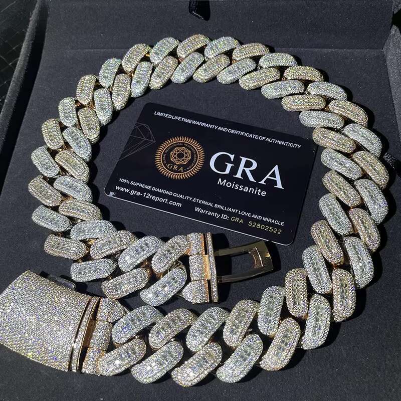 Hip hop jewelry bracelet necklace25mm VVS Moissanite Necklace Fine Jewelry Sterling Sier Gold Finish Hip Hop Miami Cuban Chain Men's Inspiration