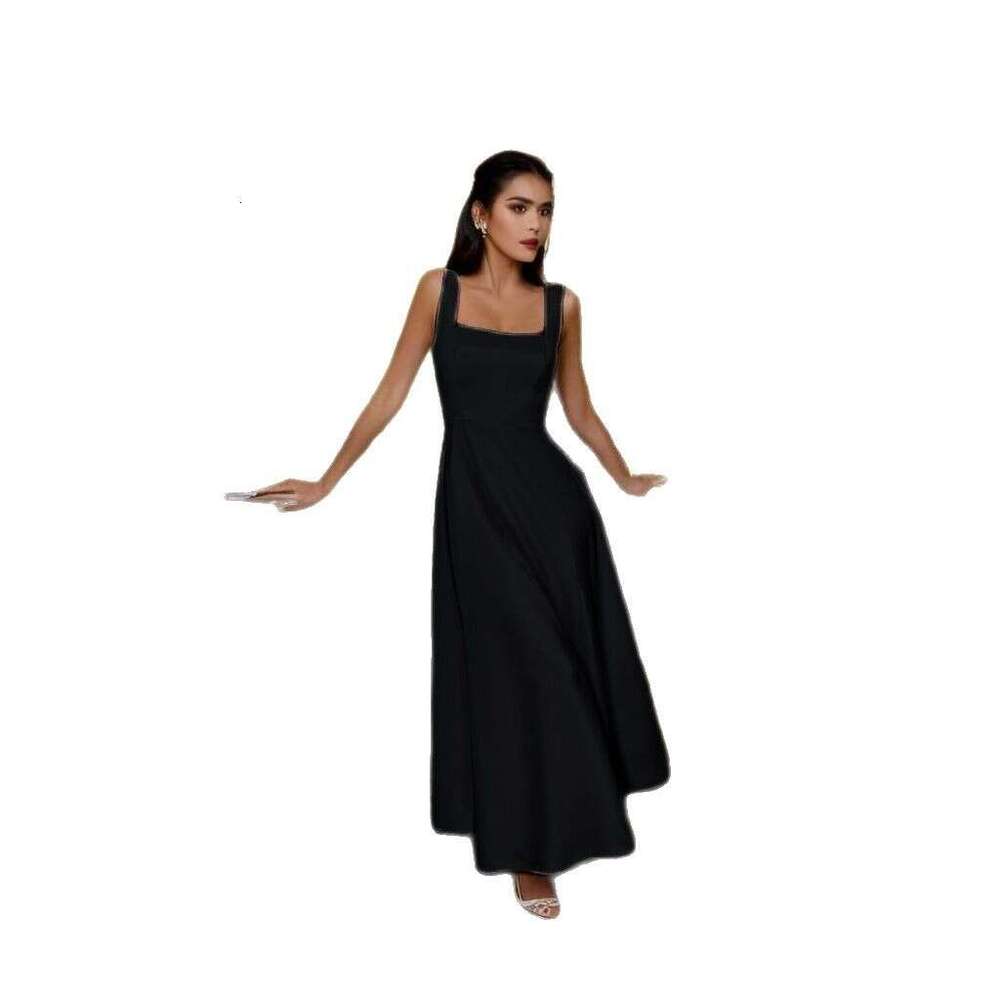 Summer New Solid Color Square Neck Sleeveless Strap Youth Long Fashion Women's Dress B5