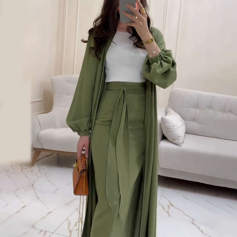 Women's Satin Puff Sleeve Dubai Elegant Cardigan Robe Tie Half Two-Piece Set B5