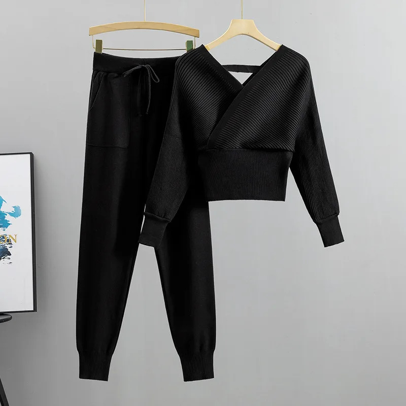 2 Piece Sets Women Knitting Outfits V Neck Pullover Sweater Pockets Drawstring Pencil Pants Slim Fit Suit Casual Knit Ensemble 250714
