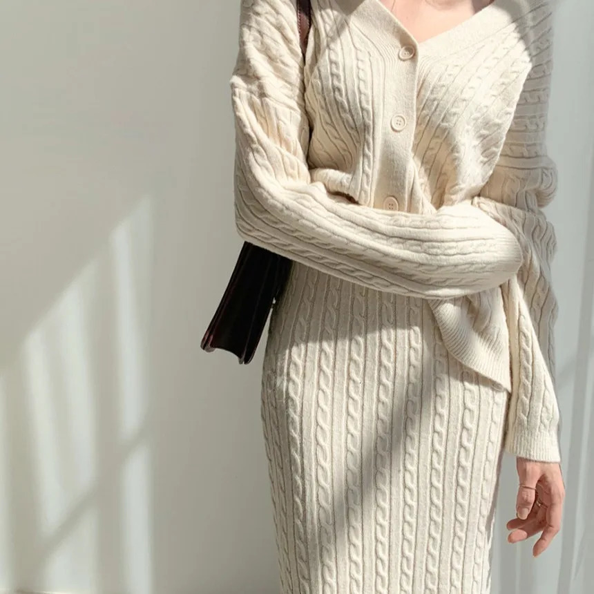 Women Full Sleeve Coats Korean Sweaters V Neck Cardigan Loose Two Piece Sets Solid Knitted Package Hip Skirt Set Autumn 250714