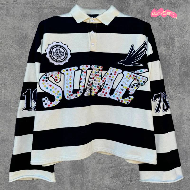 2 Pcs Co-ords Sume Rugby Dia Embroidery Stripe Polo Shirt Y2K Retro Classic Unisex Oversized Long Sleeved Shirts Sets ddmysept