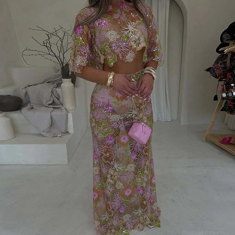 Women O-neck Short Sleeved TopMini Skirt Slim Suit Elegant High Waist Summer Outfit Embroidered Sequins Sexy Club Party 2pc Set 250715