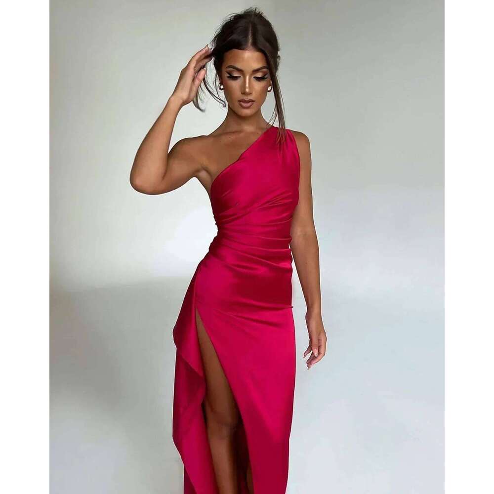 Summer Design Sense Elegant Sexy Fashion Asymmetrical Shoulder Slit Satin Dress B5