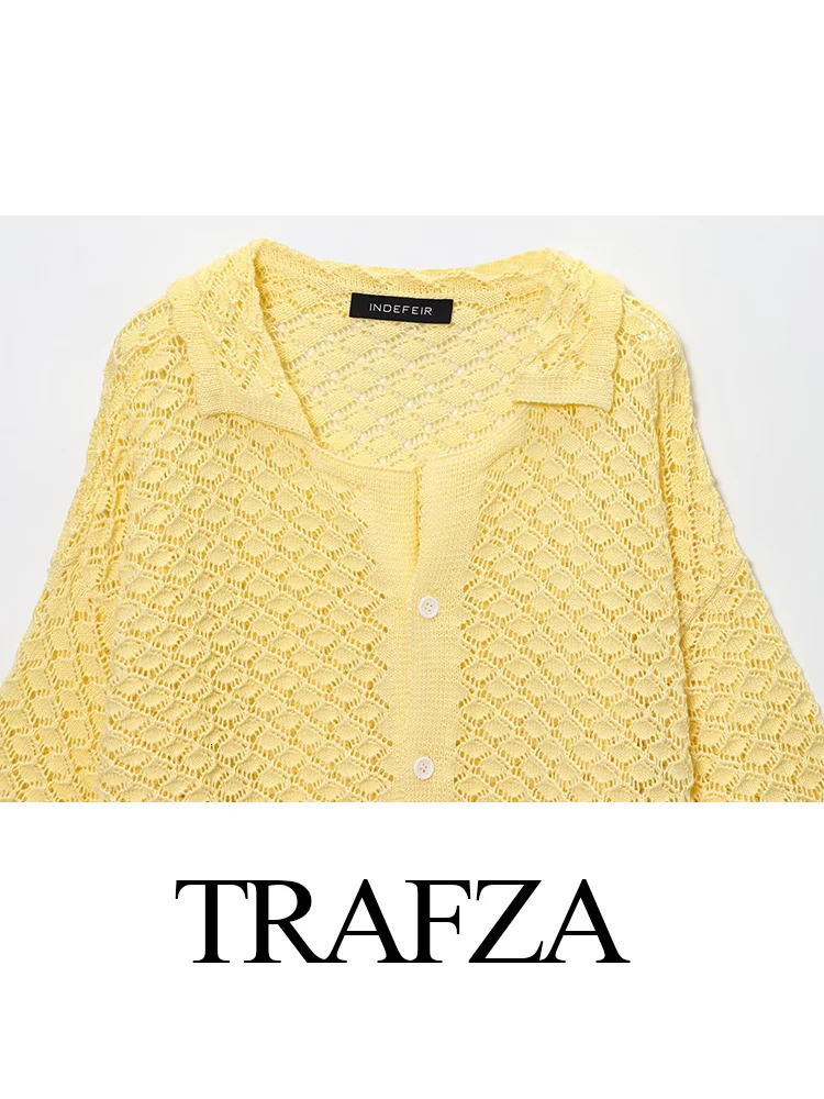 TRAFZA Women 2-Piece Set Knitted Crochet Short Sleeve Lapel Beach Shirt TopSummer Chic Solid High Waist Draw Rope Casual Shorts 250714