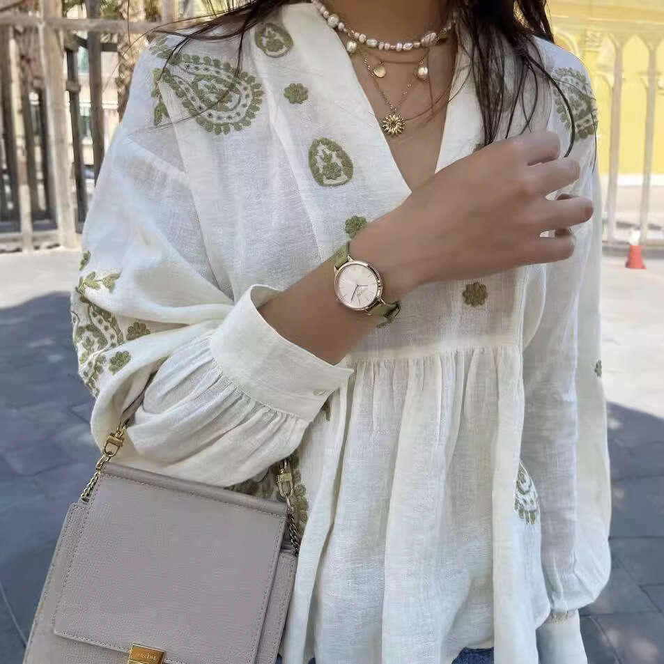 Trafzay2k Summer Women's New Loose Cotton Embroidered Shirt Top B5
