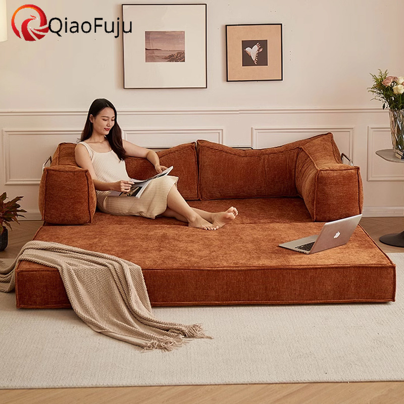 2-in-1 Folding Sofa Bed with Pillow Compression Sofa Corduroy Vintage Straight Fabric Teddy Sofa for Living Room compressed sofa couch in a box 4-pers