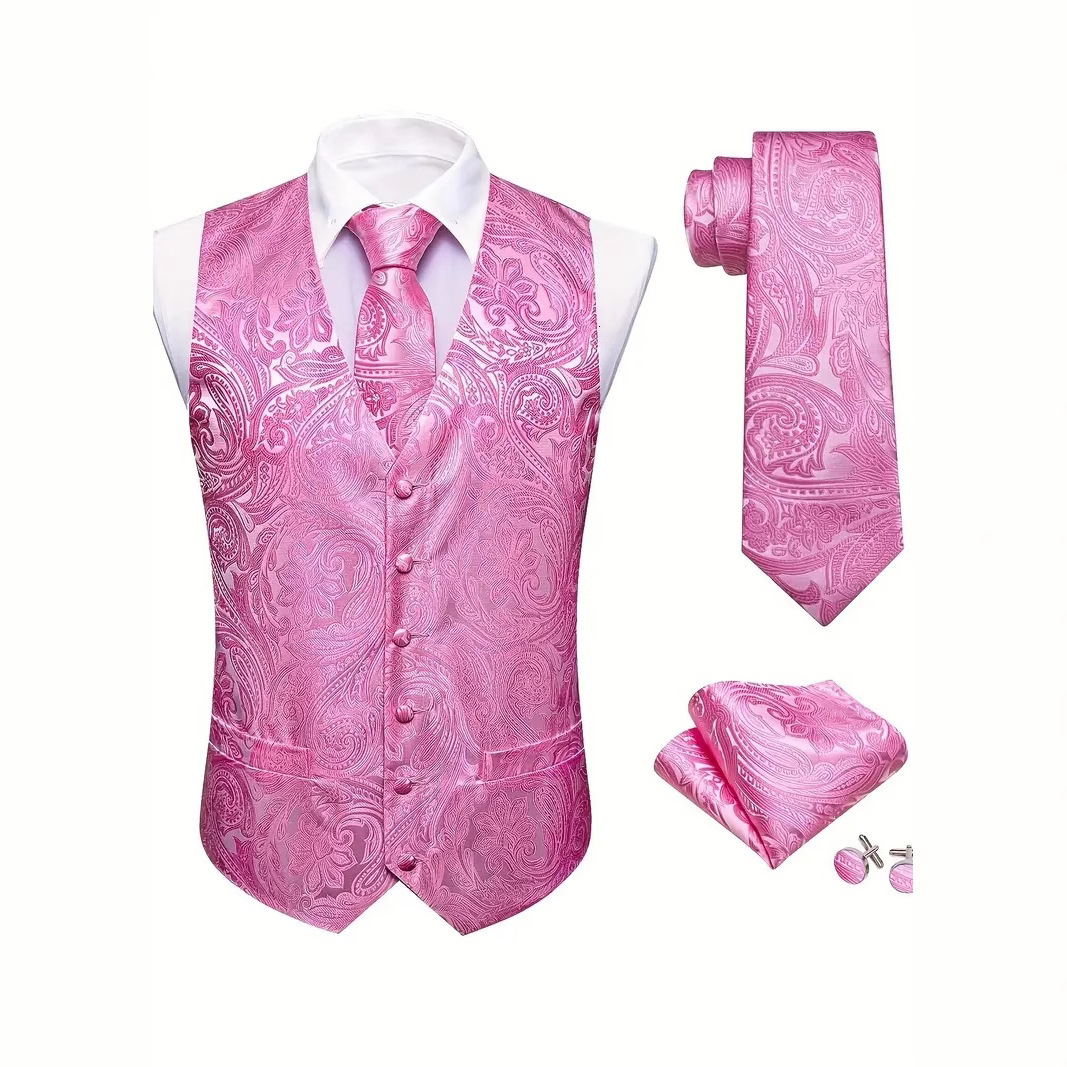 Golden black silk mens vest tie pocket square cufflinks set jacquard waistcoat sleeveless jacket mens wedding business Barry. King 240814
