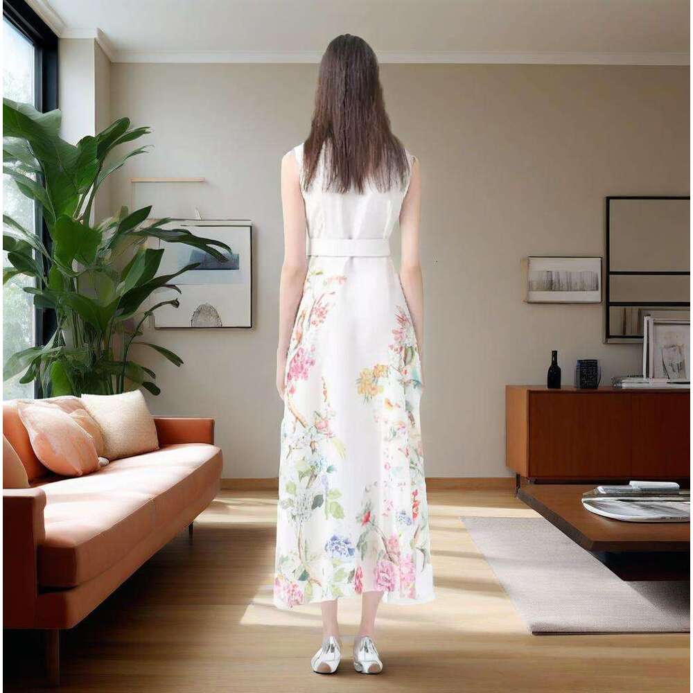 Women's Vacation Style Suit Collar Sleeveless Slim Lace Floral Print Long Dress B5