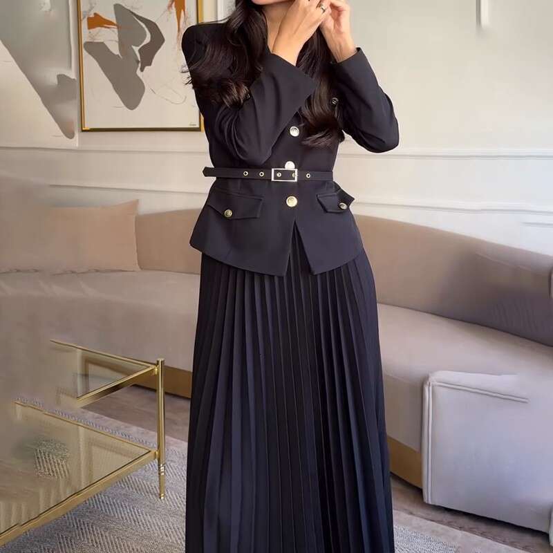 Women's Clothing Autumn New Button Blazer Pleated Skirt Elegant Set For Women B5