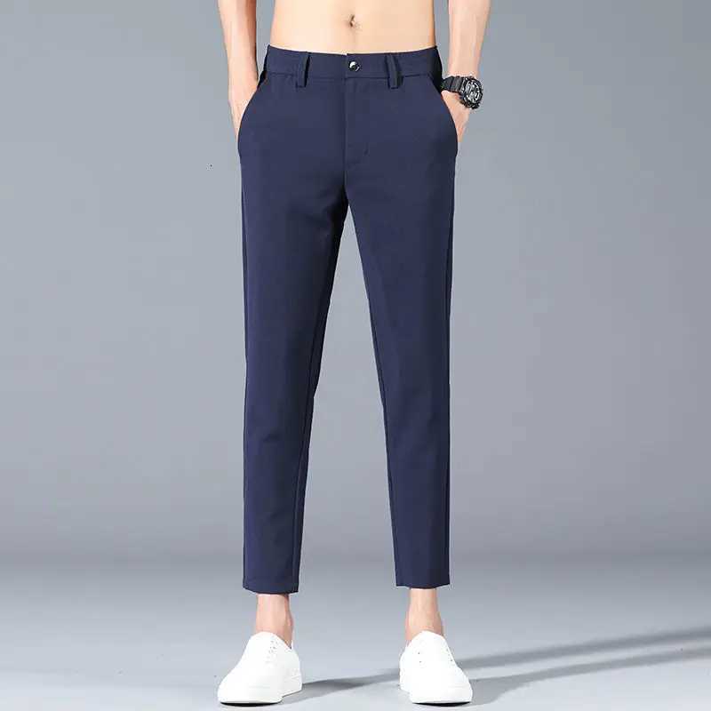 Blue Straight Slim Fit Thin Mens 9 Cropped Suits Pants Casual Korean Reviews Many Summer 2025 New Work Wear Male Suit Trousers W250715