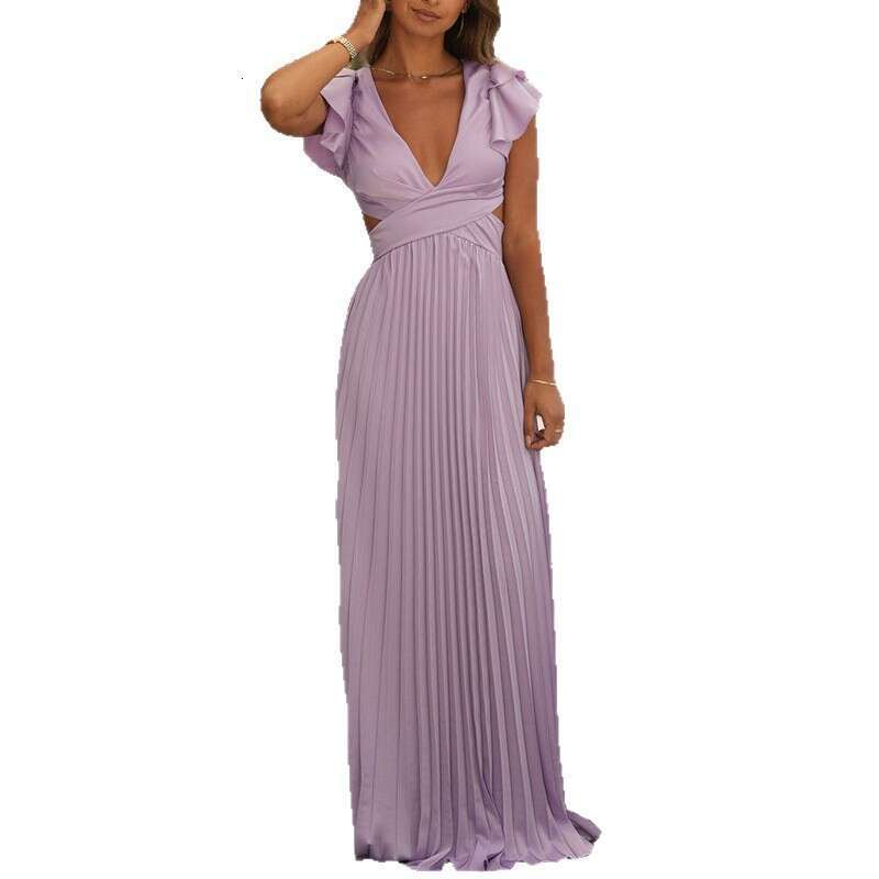 Summer New Women's Fashion V-Neck Satin Backless Elegant Waist-Cinching Dress B5