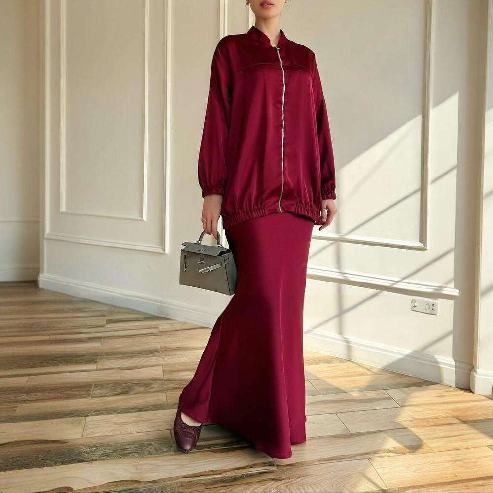 Spring New Women's Zipper Solid Color Midi Skirt Elegant Fashion Commuter Set B5